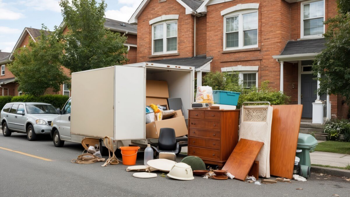 Curbside furniture disposal in a residential neighborhood, perfect for spring cleaning